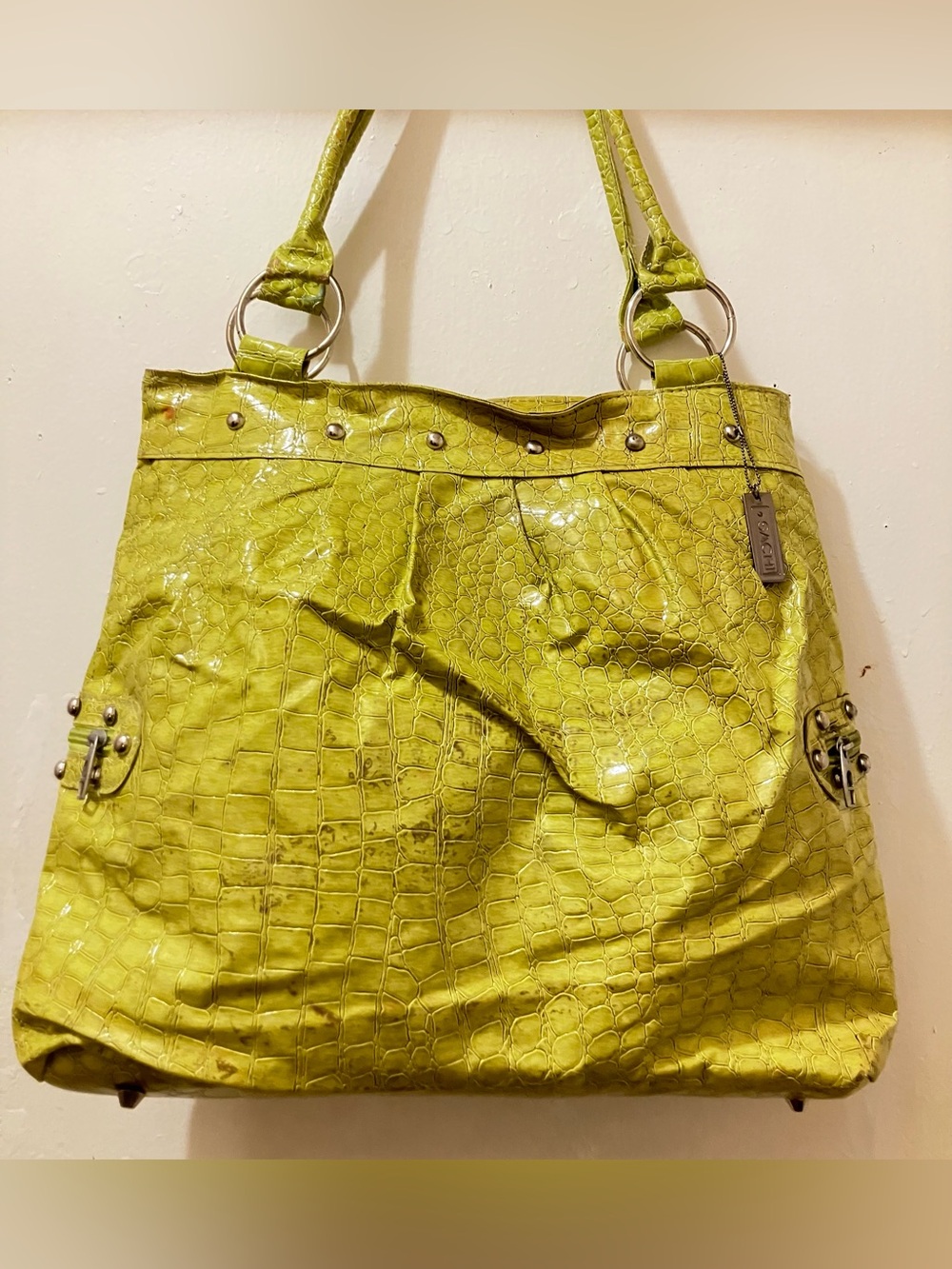 SACHI Lime Croc-Embossed Patent handbag